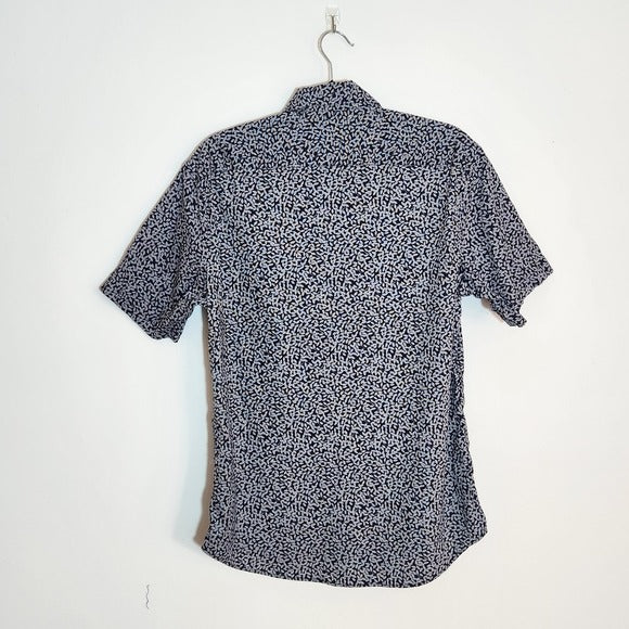 Michael Kors Mens Navy Print Slim Fit Short Sleeve Buttondown Shirt Size Medium