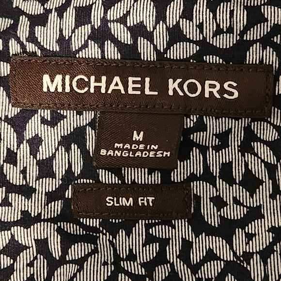Michael Kors Mens Navy Print Slim Fit Short Sleeve Buttondown Shirt Size Medium
