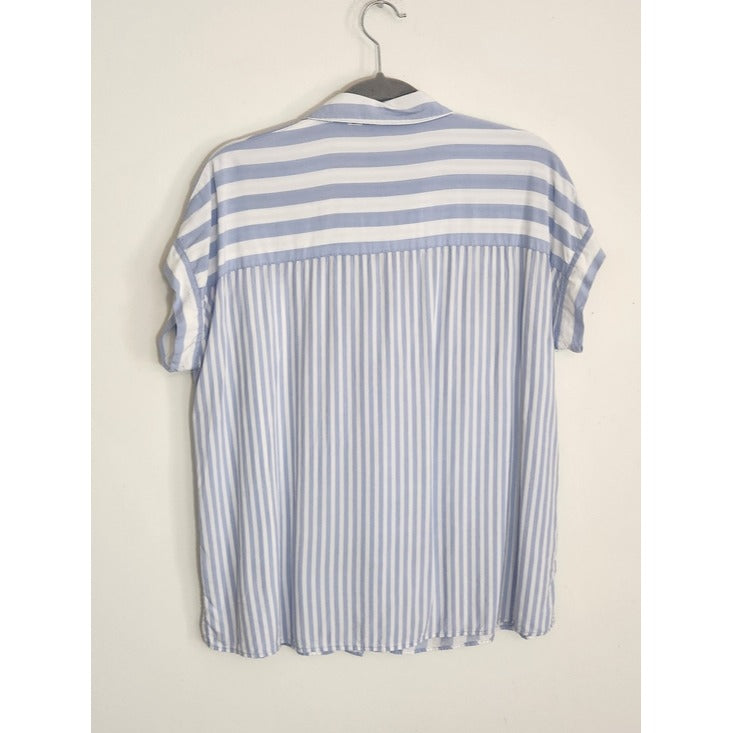 Jane + Delancey Blue and White Striped Button-Up Blouse Size Large