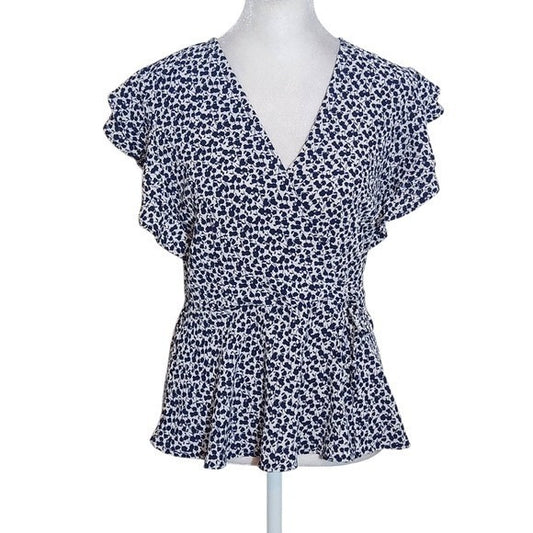 Monteau Blue Floral Wrap Style Blouse Size Large Navy and White Floral Blouse