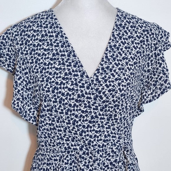 Monteau Blue Floral Wrap Style Blouse Size Large Navy and White Floral Blouse