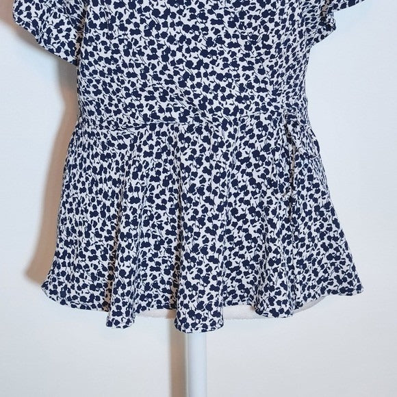 Monteau Blue Floral Wrap Style Blouse Size Large Navy and White Floral Blouse