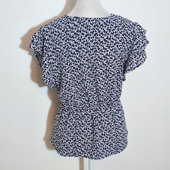 Monteau Blue Floral Wrap Style Blouse Size Large Navy and White Floral Blouse