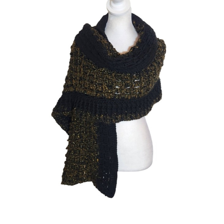 Black and Metallic Gold Fuzzy Hand Knit Open Weave Scarf 68 x 15 Inches