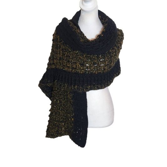 Black and Metallic Gold Fuzzy Hand Knit Open Weave Scarf 68 x 15 Inches