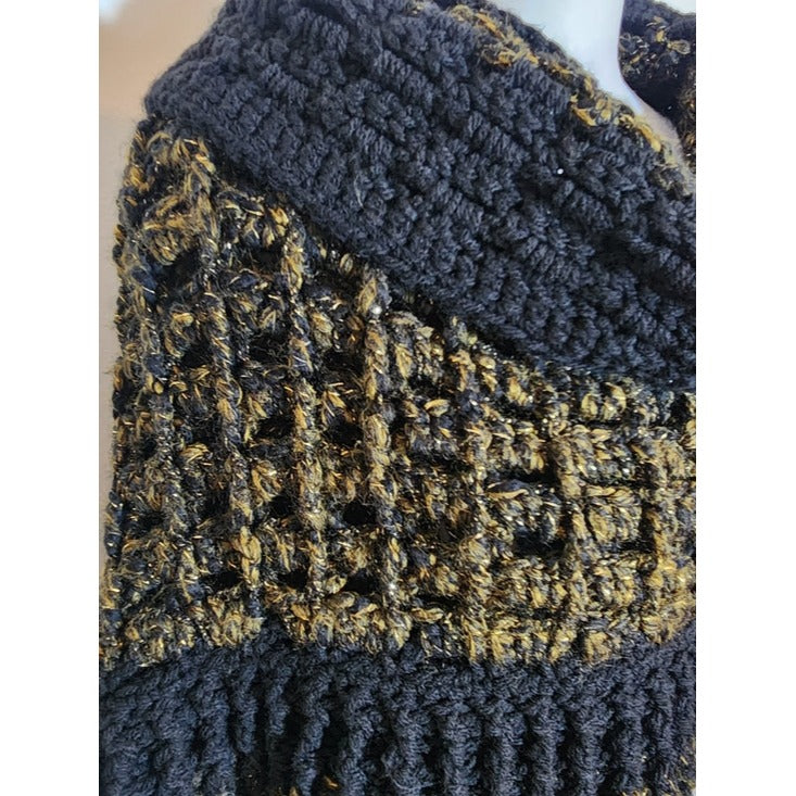 Black and Metallic Gold Fuzzy Hand Knit Open Weave Scarf 68 x 15 Inches