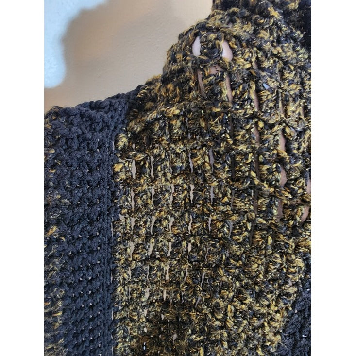 Black and Metallic Gold Fuzzy Hand Knit Open Weave Scarf 68 x 15 Inches