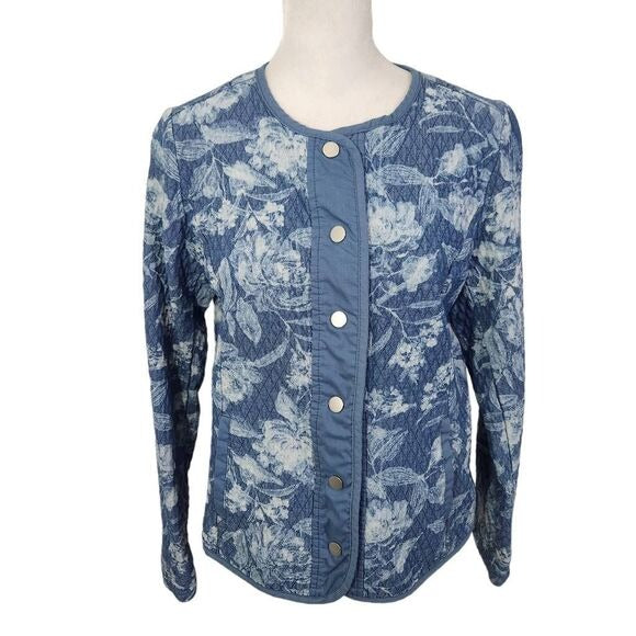 Isaac Mizrahi Blue Floral Quilted Jacket Size XXS Blue Botanic Print Jacket