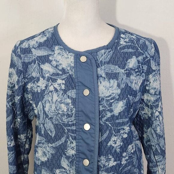 Isaac Mizrahi Blue Floral Quilted Jacket Size XXS Blue Botanic Print Jacket