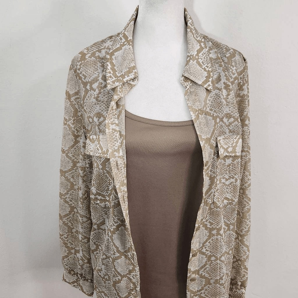 Dana Buchman Tan Snakeskin Print Blouse with Attached Tank Top Size Medium