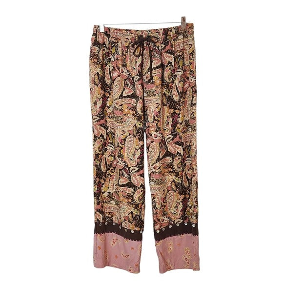 Anne Carson Brown and  Pink Paisley Silk Wide-Leg Pants Size Large
