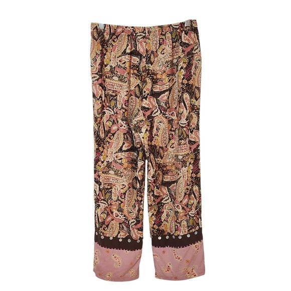 Anne Carson Brown and  Pink Paisley Silk Wide-Leg Pants Size Large