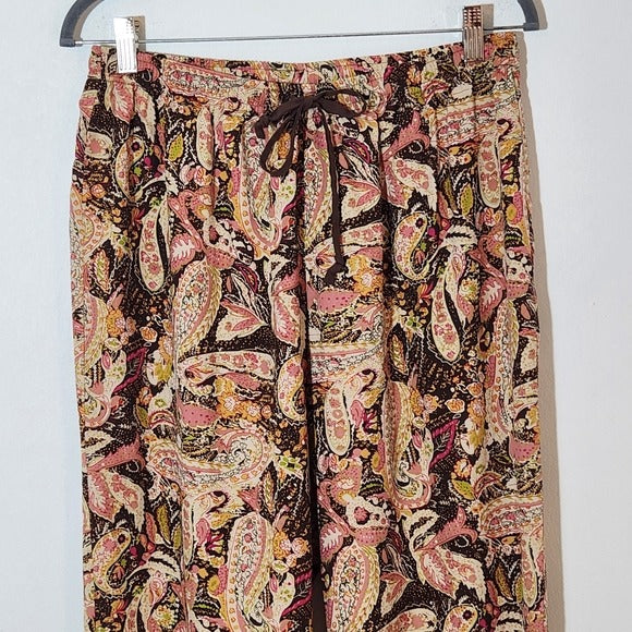 Anne Carson Brown and  Pink Paisley Silk Wide-Leg Pants Size Large