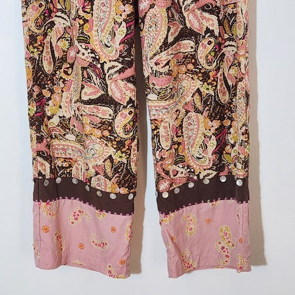 Anne Carson Brown and  Pink Paisley Silk Wide-Leg Pants Size Large