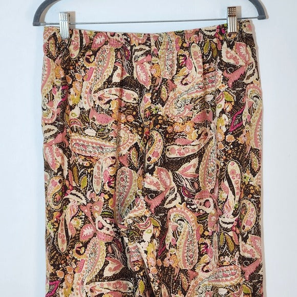 Anne Carson Brown and  Pink Paisley Silk Wide-Leg Pants Size Large