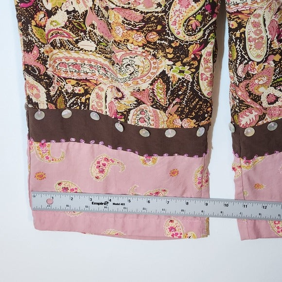 Anne Carson Brown and  Pink Paisley Silk Wide-Leg Pants Size Large