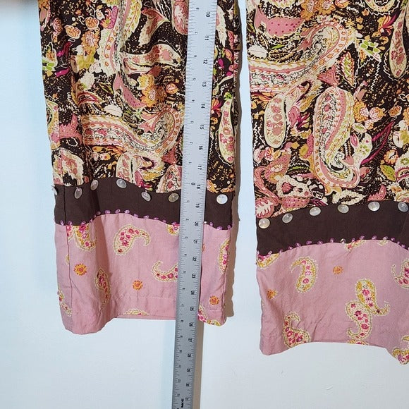 Anne Carson Brown and  Pink Paisley Silk Wide-Leg Pants Size Large