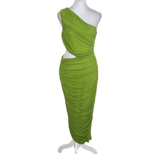 Fashion Nova Green One-Shoulder Dress with Ruching NWT Size Medium Wedding Guest