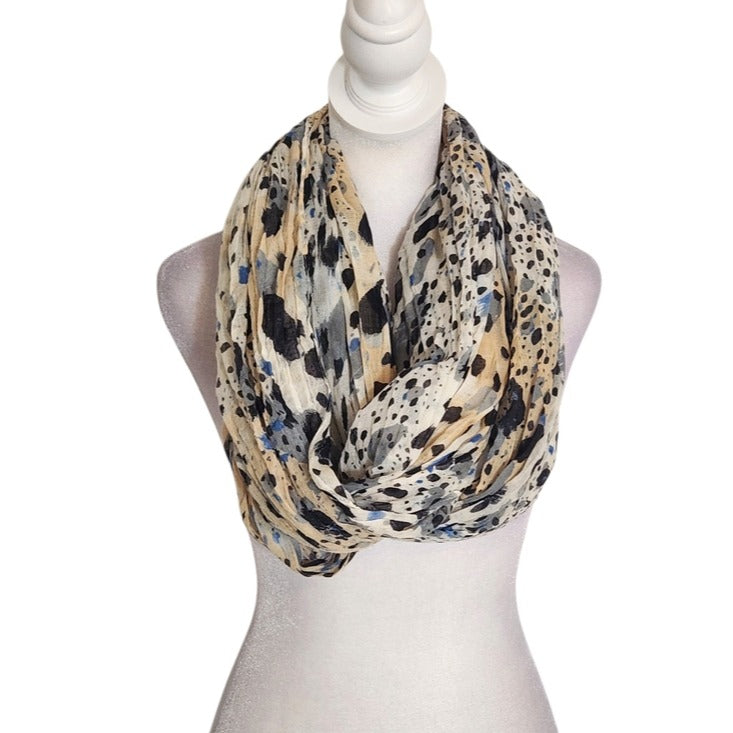 Cream Blue and Black Spotted Animal Print Infinity Scarf One Size 38 x 34