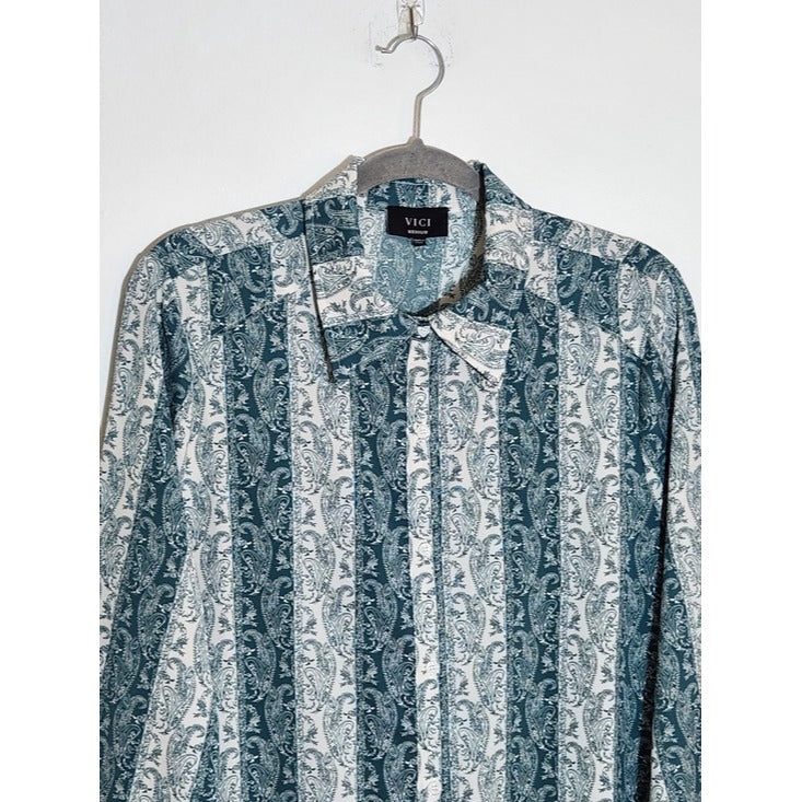 VICI Green and White Paisley Stripe Mini Shirt Dress Tunic Size Medium