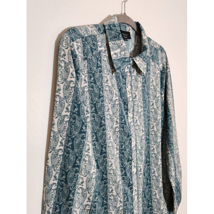 VICI Green and White Paisley Stripe Mini Shirt Dress Tunic Size Medium