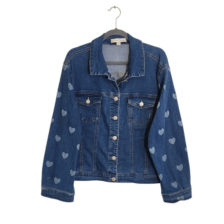 Cato Medium Wash Denim Jacket with Heart Print Sleeves Size 18/20W Flaw