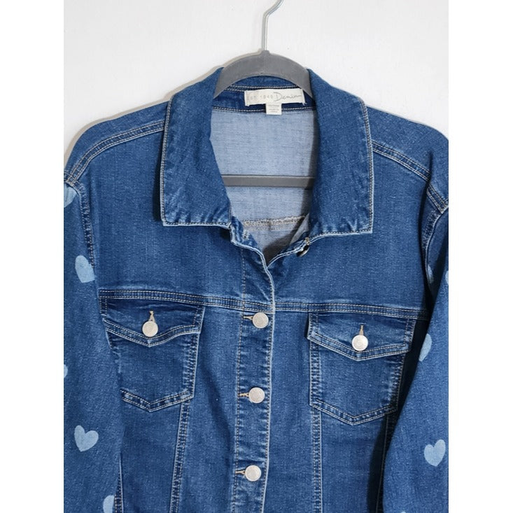 Cato Medium Wash Denim Jacket with Heart Print Sleeves Size 18/20W Flaw