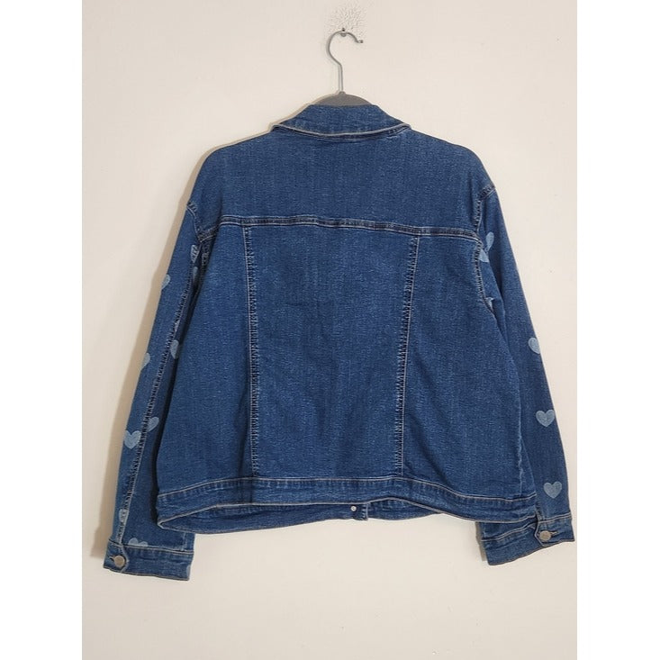 Cato Medium Wash Denim Jacket with Heart Print Sleeves Size 18/20W Flaw