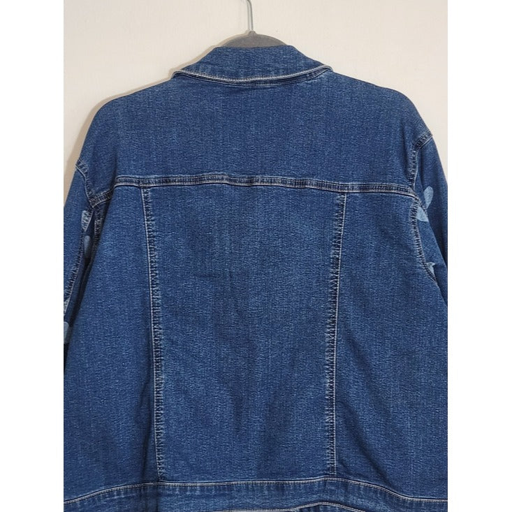 Cato Medium Wash Denim Jacket with Heart Print Sleeves Size 18/20W Flaw