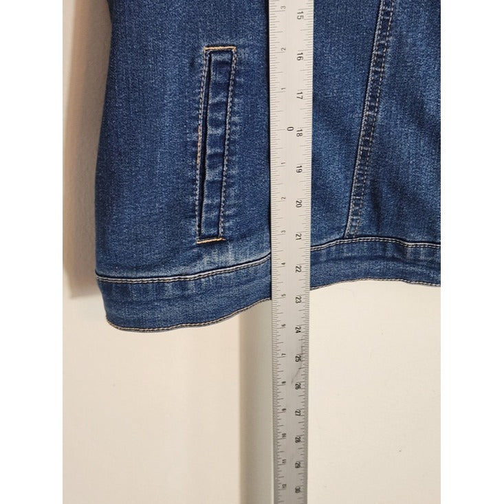 Cato Medium Wash Denim Jacket with Heart Print Sleeves Size 18/20W Flaw