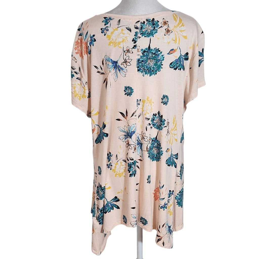 Style & Co. Pink Floral Short-Sleeve Tee with Handkerchief Hem Size Large