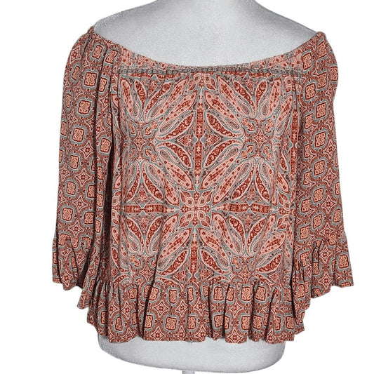 Sanctuary Off-the-Shoulder Pink Boho Cropped Blouse Size XS Cropped Peasant Top
