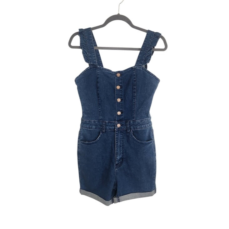 Almost Famous Dark Wash Denim Romper with Ruffle Sleeves Size Small NWT
