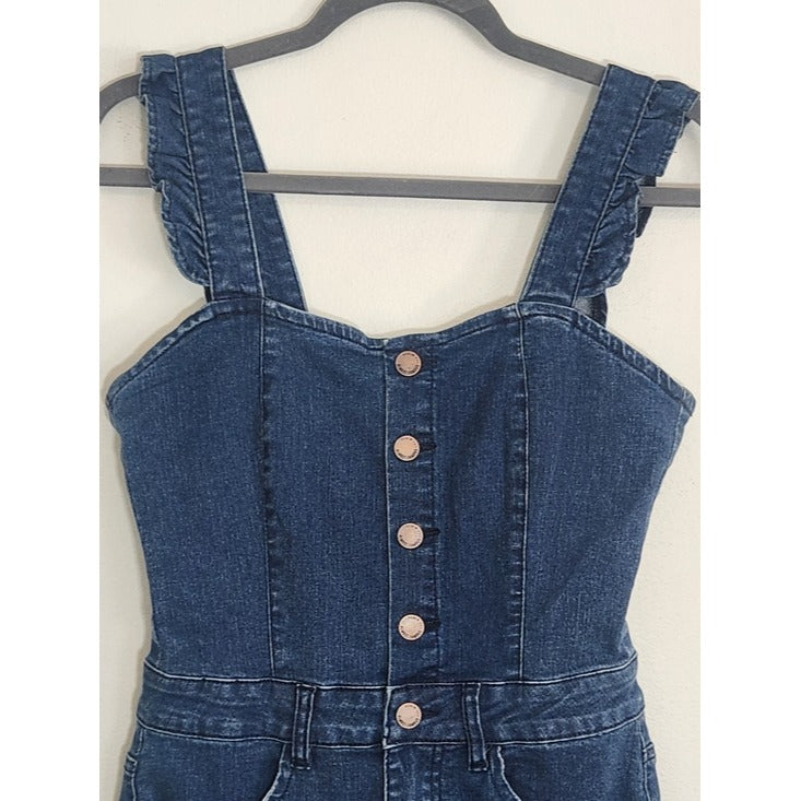 Almost Famous Dark Wash Denim Romper with Ruffle Sleeves Size Small NWT