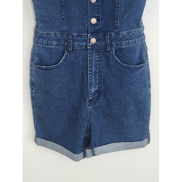 Almost Famous Dark Wash Denim Romper with Ruffle Sleeves Size Small NWT