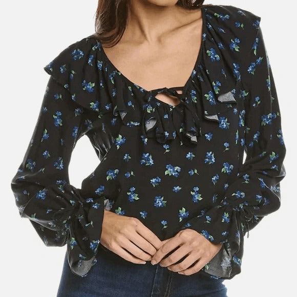 WeWoreWhat Black Floral Cropped Blouse NWT Size Large Boho Floral Blouse
