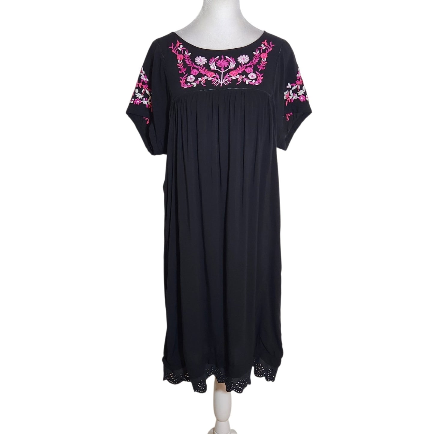 Catherine Malandrino Black Floral Embroidered Boho Dress Size Large