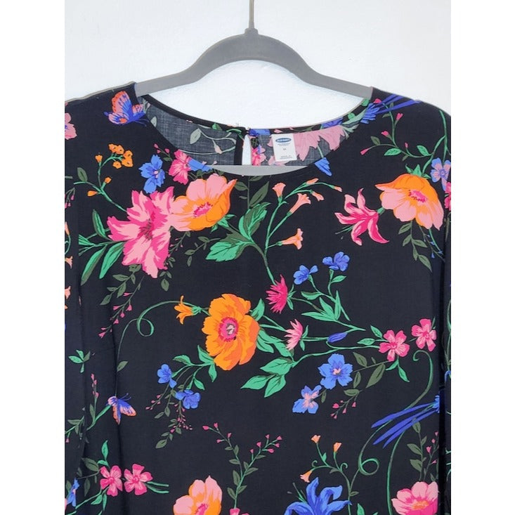 Old Navy Black Floral and Bird Print Mini Dress Size Medium