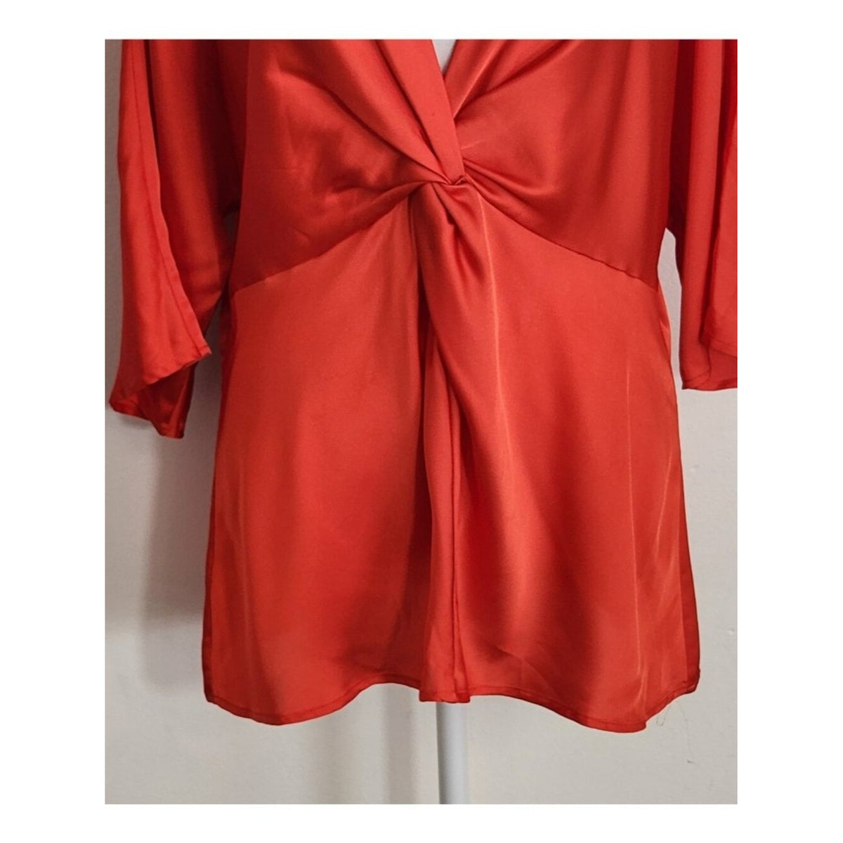 Ann Taylor Red Satin V-Neck Blouse with Twist Front  Size 12 Flaw