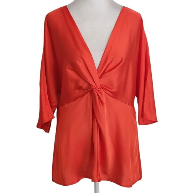 Ann Taylor Red Satin V-Neck Blouse with Twist Front  Size 12 Flaw