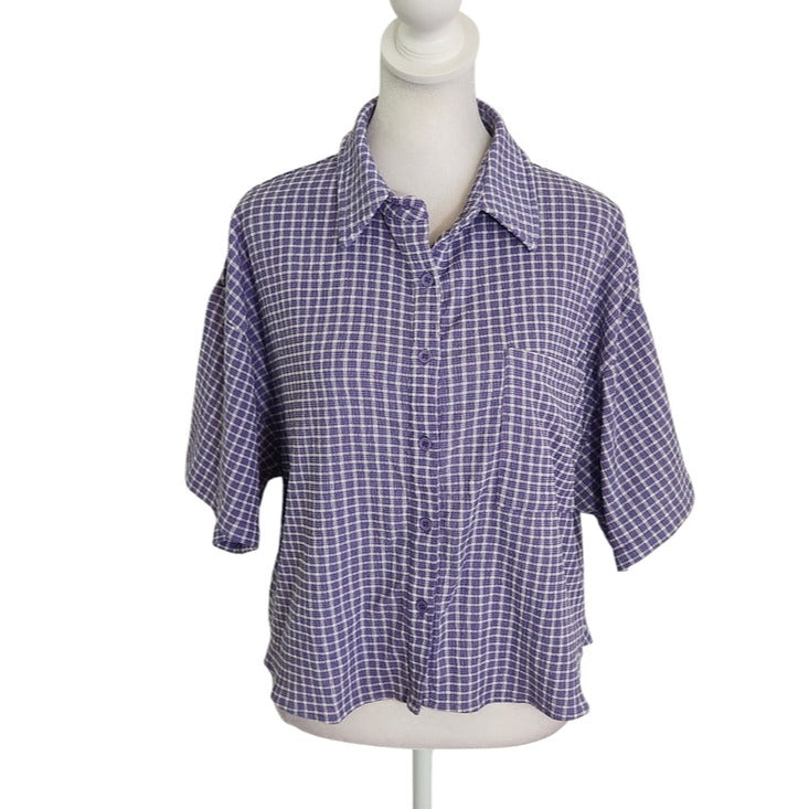 Molly Green Purple and White Plaid Textured Button Down Top Size Large