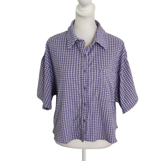 Molly Green Purple and White Plaid Textured Button Down Top Size Large