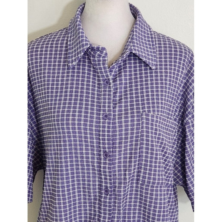 Molly Green Purple and White Plaid Textured Button Down Top Size Large