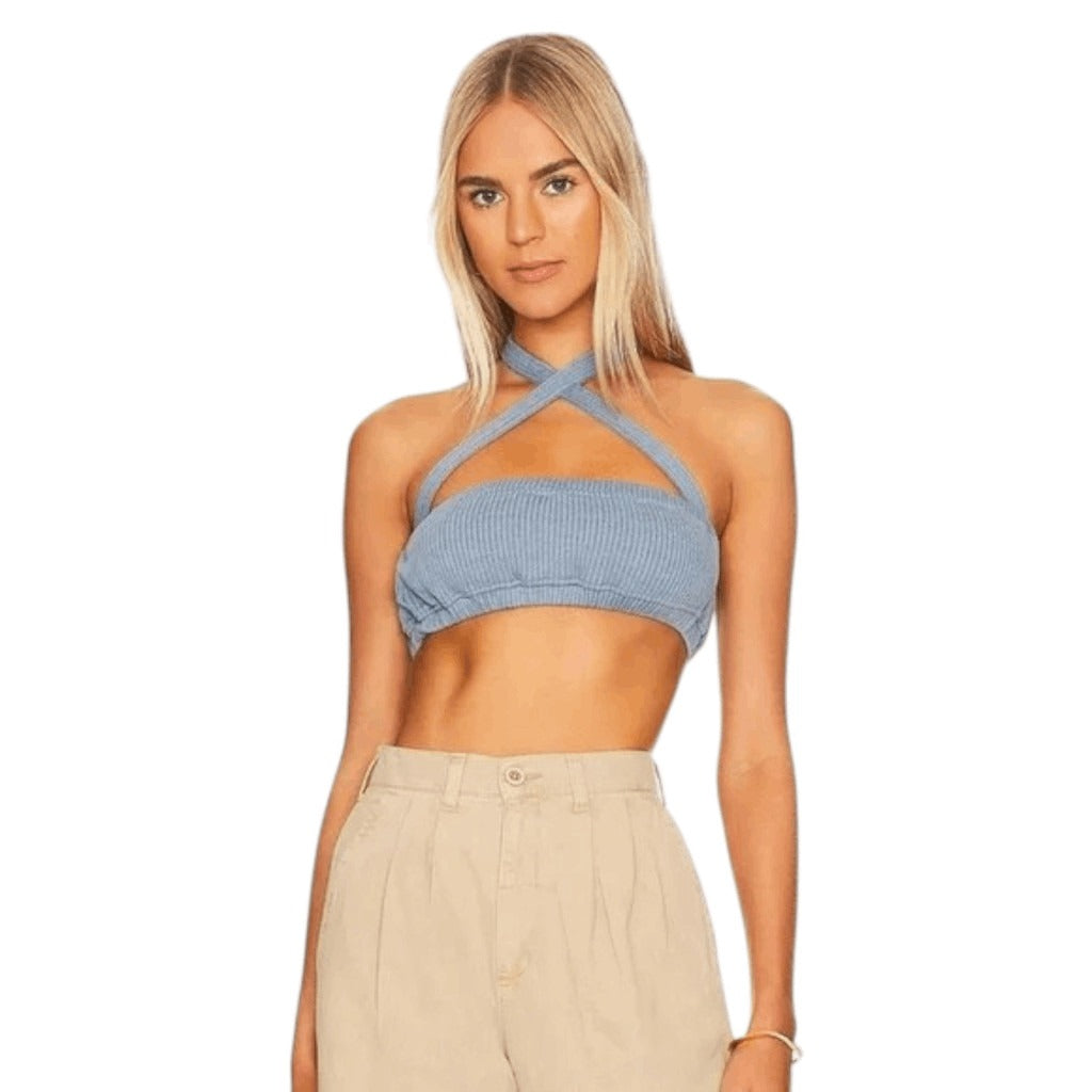 WeWoreWhat Blue Halter Crop Top Size XS NWT Tie Neck Halter Top