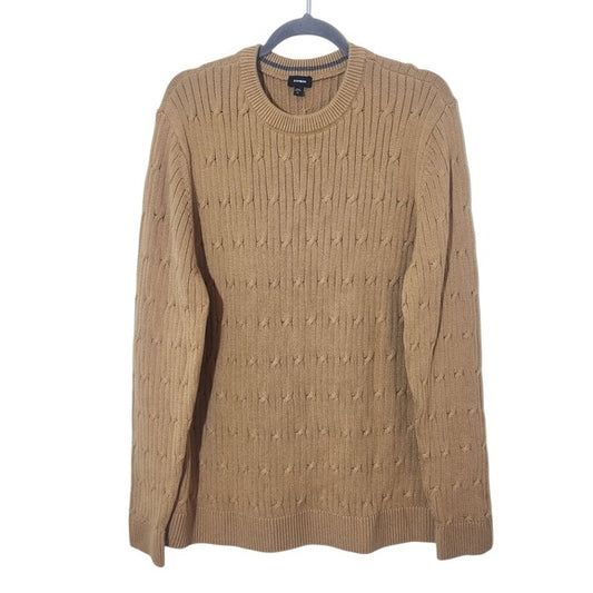 Express Tan Cable Knit Sweater Size XL Preppy Brown Crew Neck Sweater