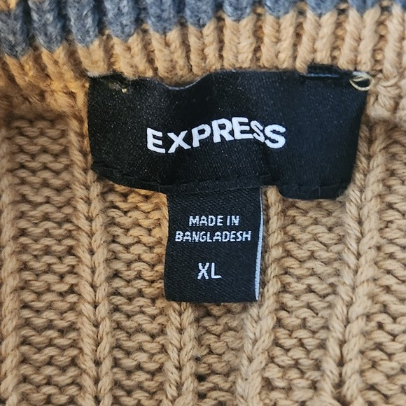 Express Tan Cable Knit Sweater Size XL Preppy Brown Crew Neck Sweater