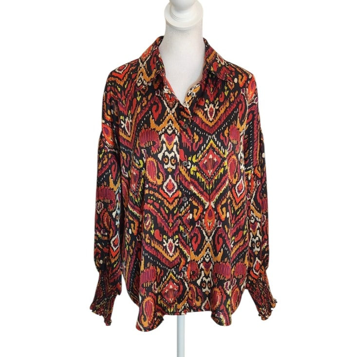 Entro Burgundy and Black Multicolor Ikat Print Oversized Blouse Size Small NWOT