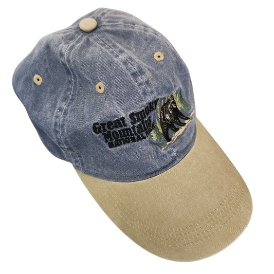 Great Smoky Mountains National Park Embroidered Baseball Hat in Blue and Tan