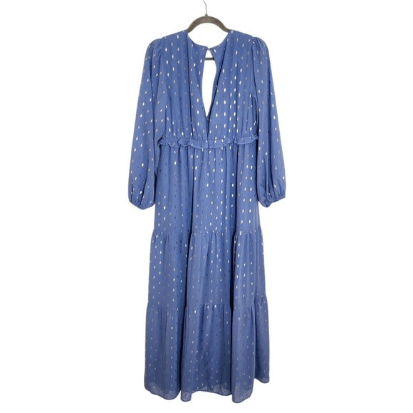 She + Sky Blue and Gold Boho Maxi Dress Size Large Wedding Guest Dress