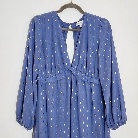 She + Sky Blue and Gold Boho Maxi Dress Size Large Wedding Guest Dress